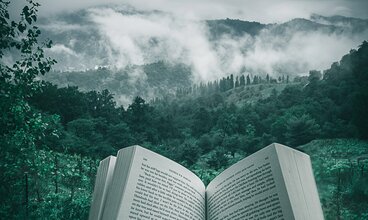 Buch vor Blick auf Berge