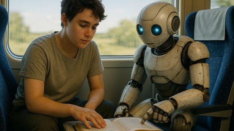A realistic scene of a gender-neutral young person and a friendly robot sitting on a train. They are translating a book together, with the book open between them. The background shows a blurry landscape and a bright sunny sky. The atmosphere is peaceful, collaborative, and slightly futuristic