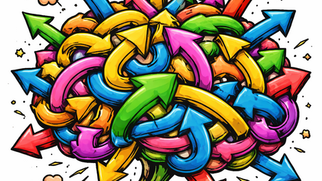 Hirn aus bunten Pfeilen in alle Richtungen zeigend im Comic-Look