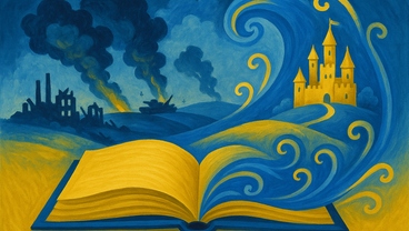 rieg und Märchen in der Ukraine ohne Menschen mit Buch in Gelb-Blau-Tönen
