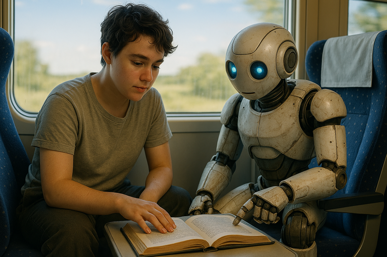 A realistic scene of a gender-neutral young person and a friendly robot sitting on a train. They are translating a book together, with the book open between them. The background shows a blurry landscape and a bright sunny sky. The atmosphere is peaceful, collaborative, and slightly futuristic